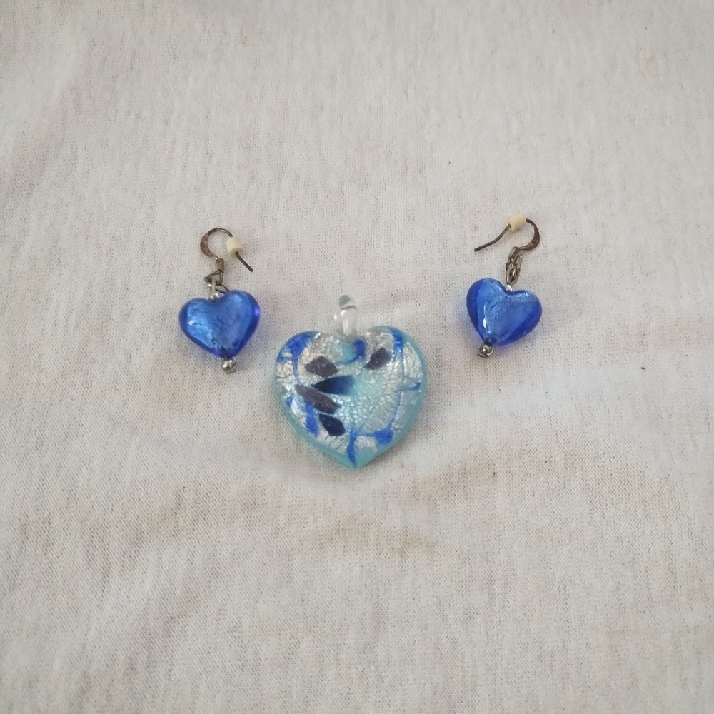 Murano Blue Heart Glass Pendant from Italy with matching earrings